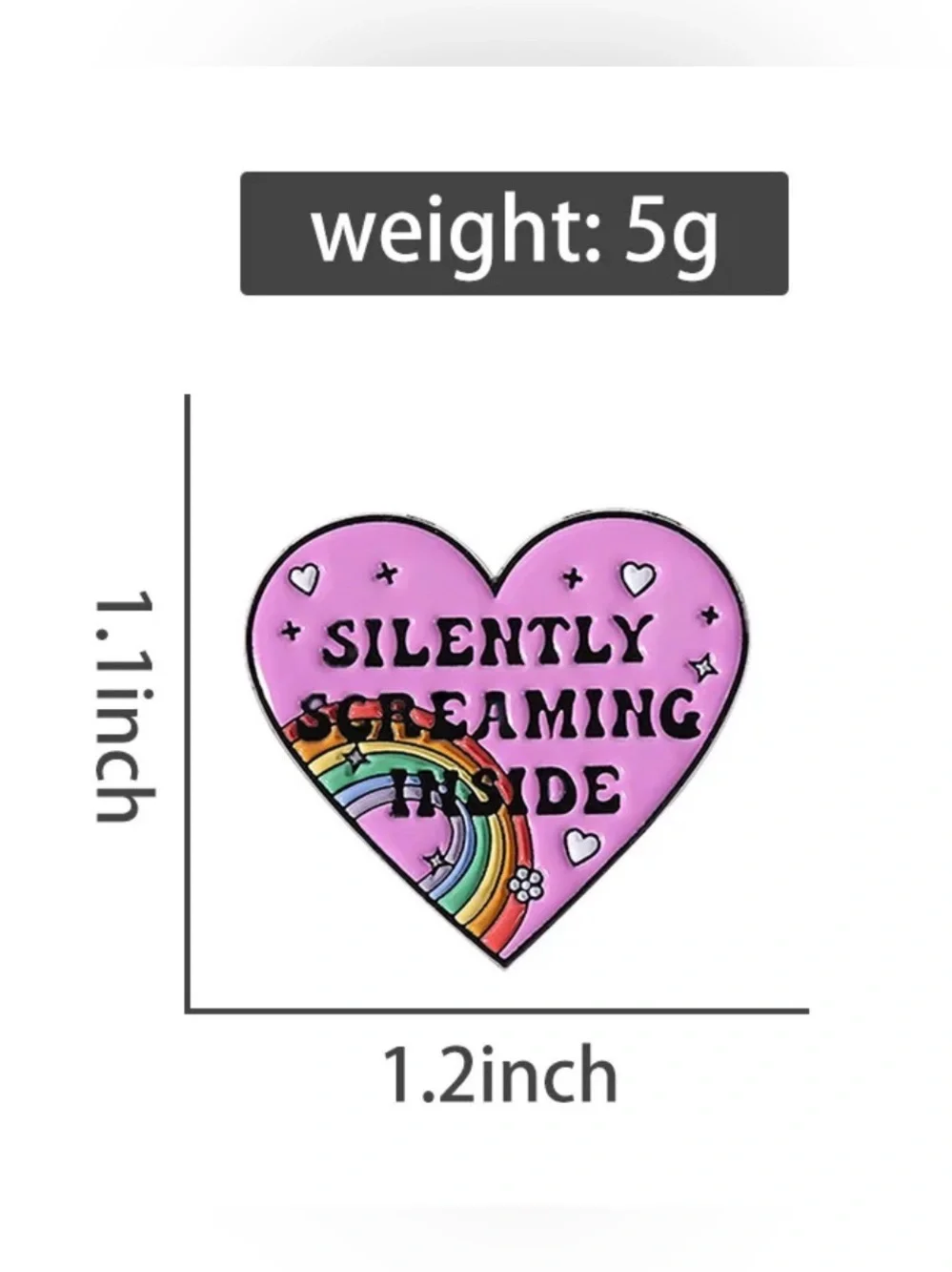 Funny “Silently Screaming Inside” Heart Enamel Pin – Cute Rainbow Mental Health.